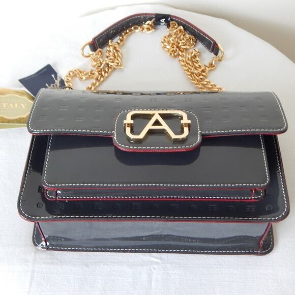 ARCADIA Genuine Patent Leather Flap Chain Crossbody Bag in Dark Grey Italy NWT - Picture 12 of 15